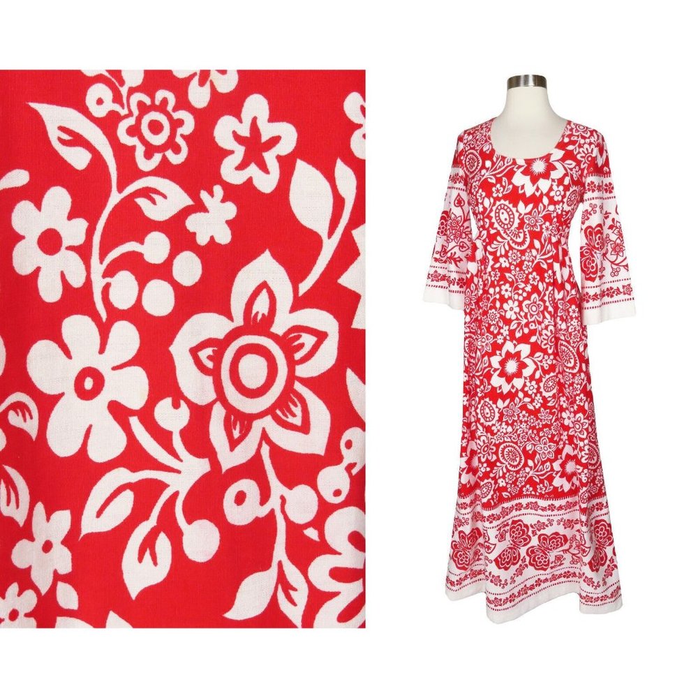 Vintage 70s Hawaiian Tiki Red White Cotton Floral Maxi Empire Waist Dress S M